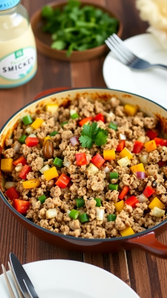Savory Ground Turkey Skillet Recipe Savory ground turkey skillet with bell peppers and onions in a rustic skillet, garnished with parsley.